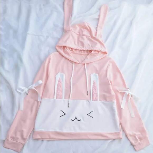 Tops - Bunny Hooded Shirt With Ribbon Sleeves ! Will fit a US size small.